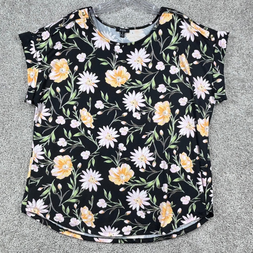 AUW Womens 2X Black Floral Short Sleeve Button Shoulder Top T700001H64X